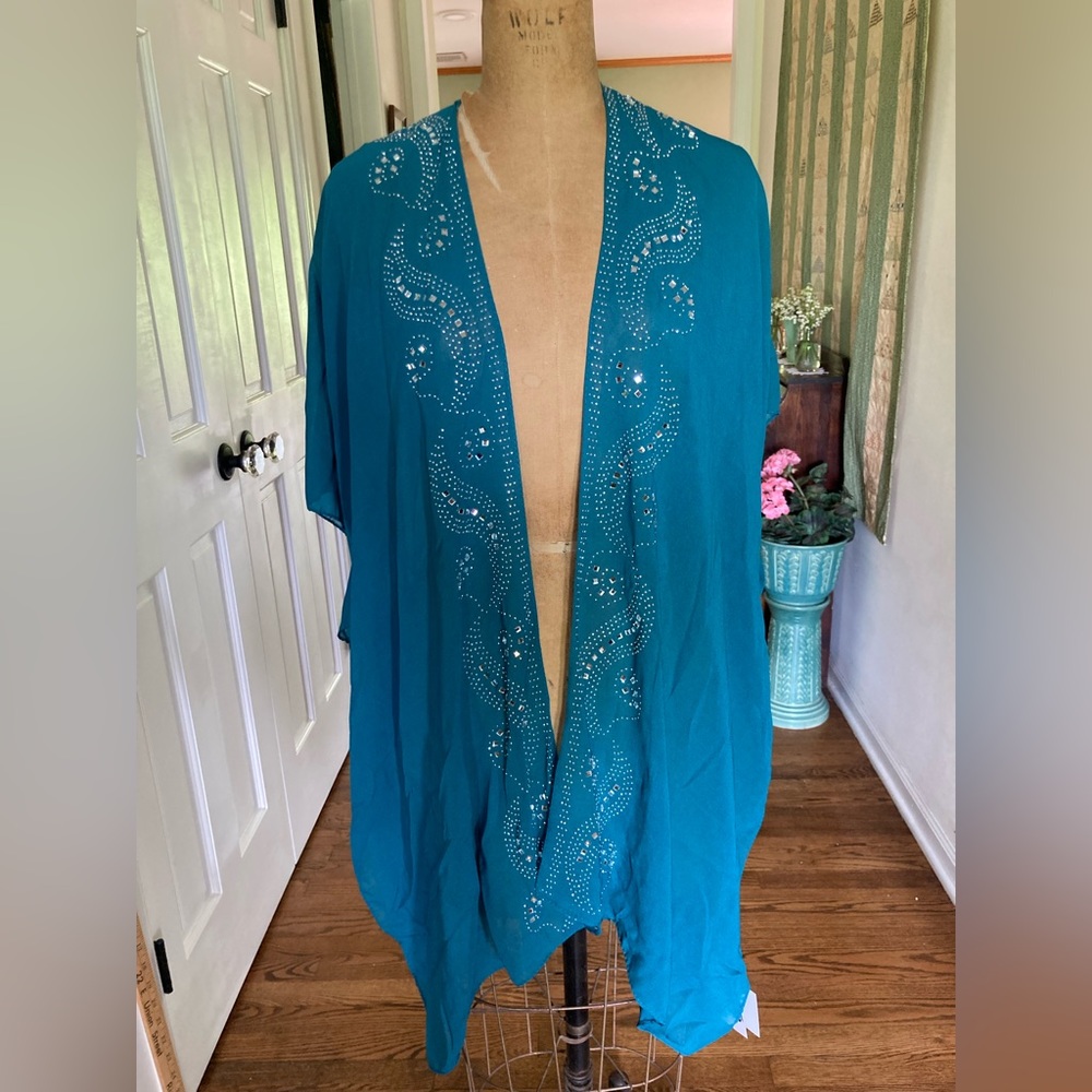 NWT Jessica McClintock Jeweled Kimono Coverup TEAL  OS Sheer Mirrors & Stud…
